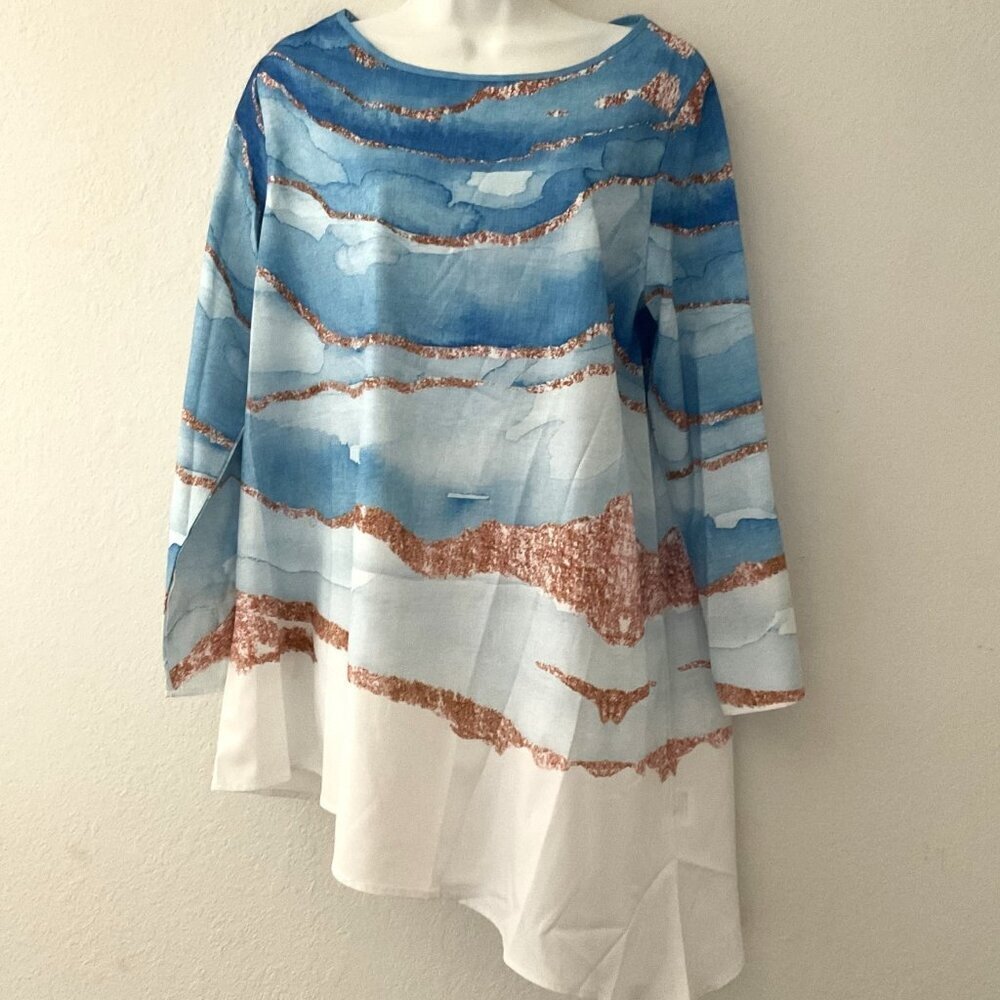 Just Fashion Now Blue Watercolor Asymmetrical Blouse Size Large NWT